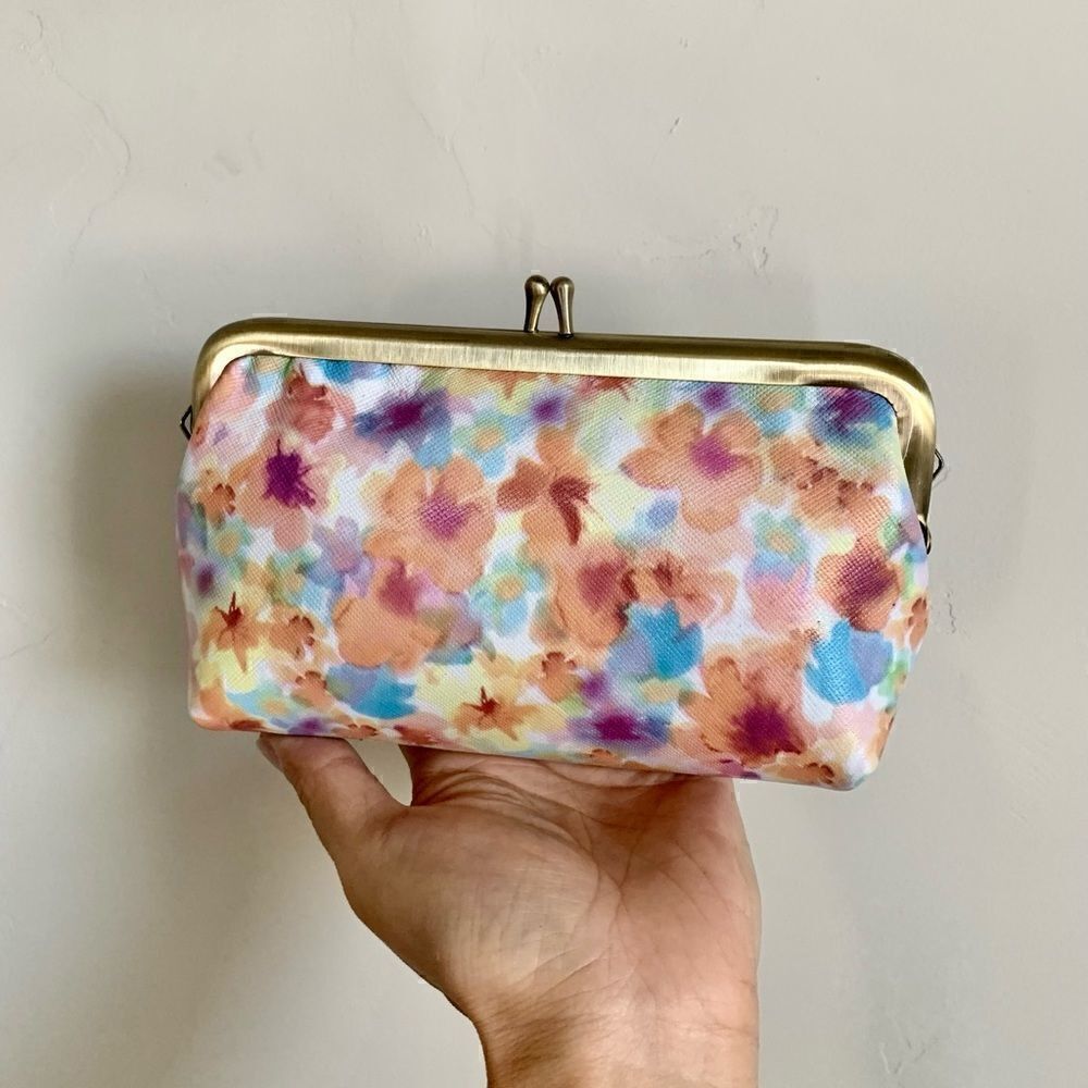 Handmade Genuine Leather Floral Print, Metal Frame Small Clutch/Cosmetic Case